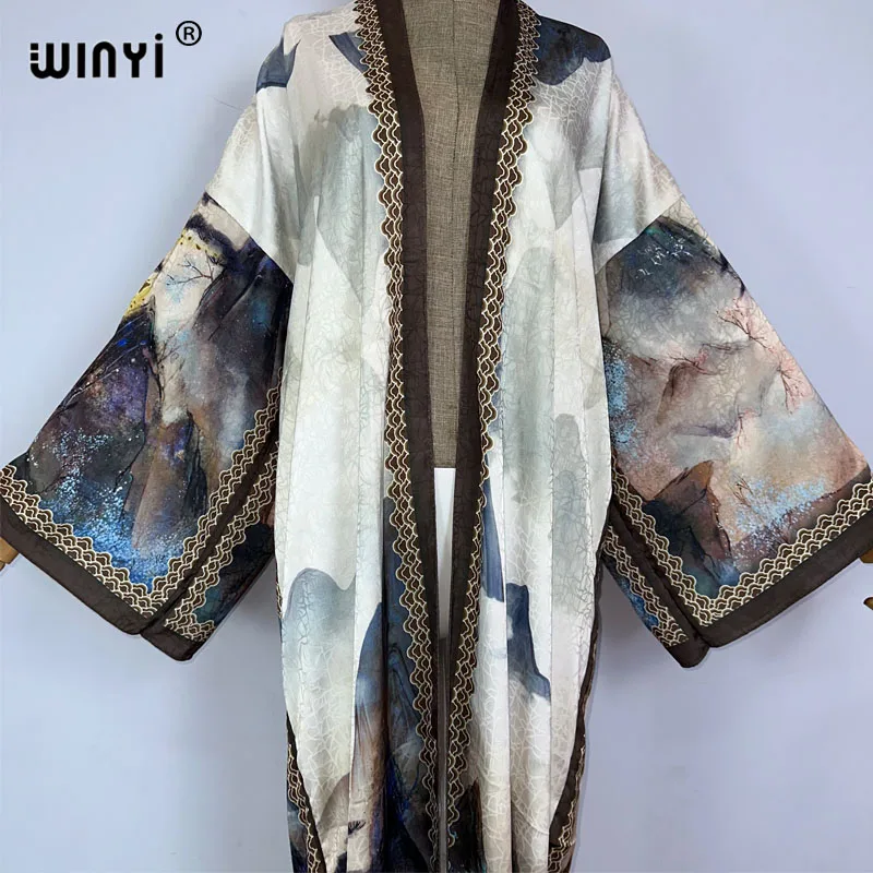 WINYI kimono jesienne wysokiej jakości dwustronne nadruki sukienka jedwabna plażowe kardigan w stylu Boho eleganckie okrycie plażowe damskie Kimono