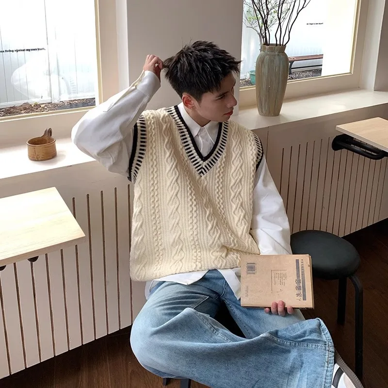 

Мужской вязаный жилет большого размера, свитер в консервативном стиле, жилет, трикотаж, топ, академический модный жилет унисекс, свободный крой