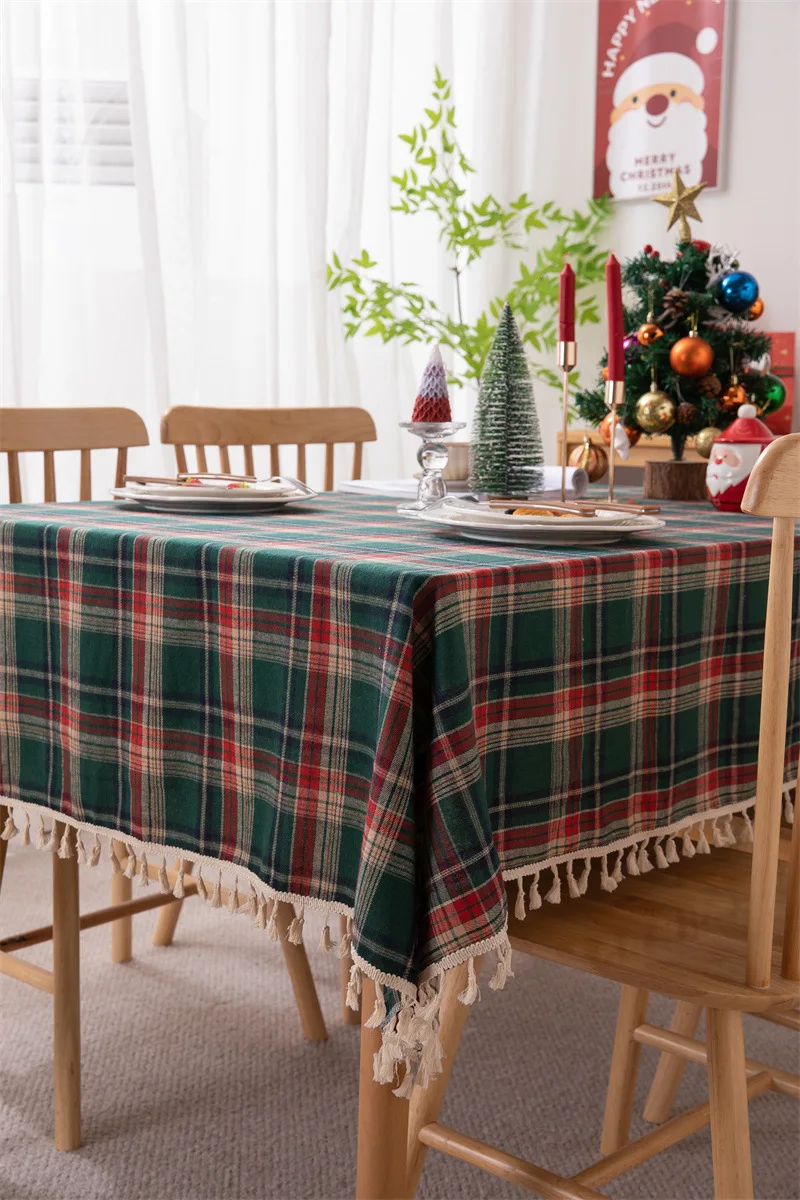 Weihnachtsdekoration, runde Tischdecke, karierte Tischdecke für Neujahr, Familientreffen, Restaurant, Party, Abendessen, Heimdekoration – Detail 10