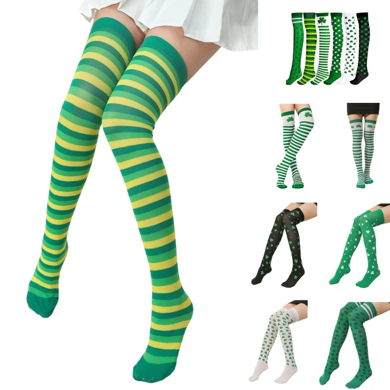 

Irish Saint Patricks Day Thigh High Stockings Women Girls Shamrock Stripe Printed Over Knee Long Socks Holiday Party Costume