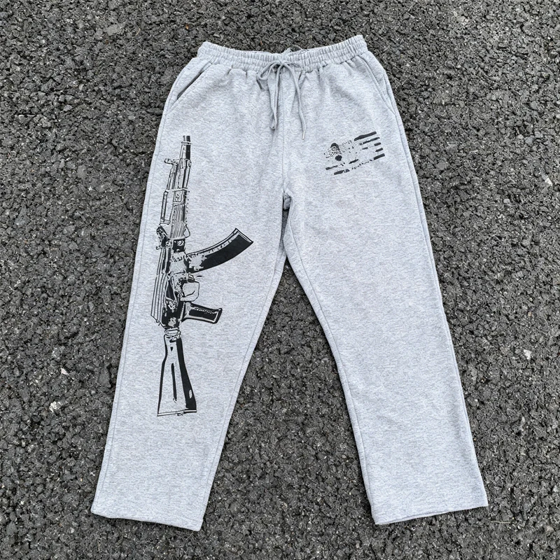 

New autumn and winter men's gray loose street style simple and comfortable sports pants with printed anime patterns and hip-hop
