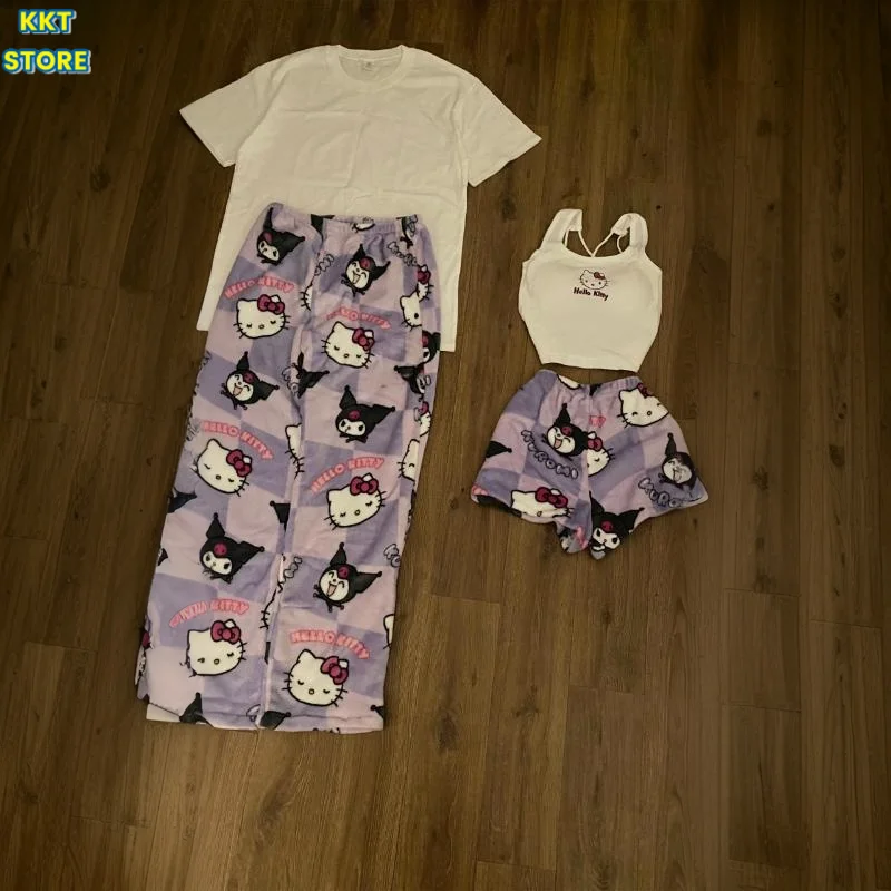 Hello Kitty Kuromi Pantalones de pijama Lindo Kawaii Acogedor Estilo Y2K Ropa de descanso informal suave y cómoda para mujer