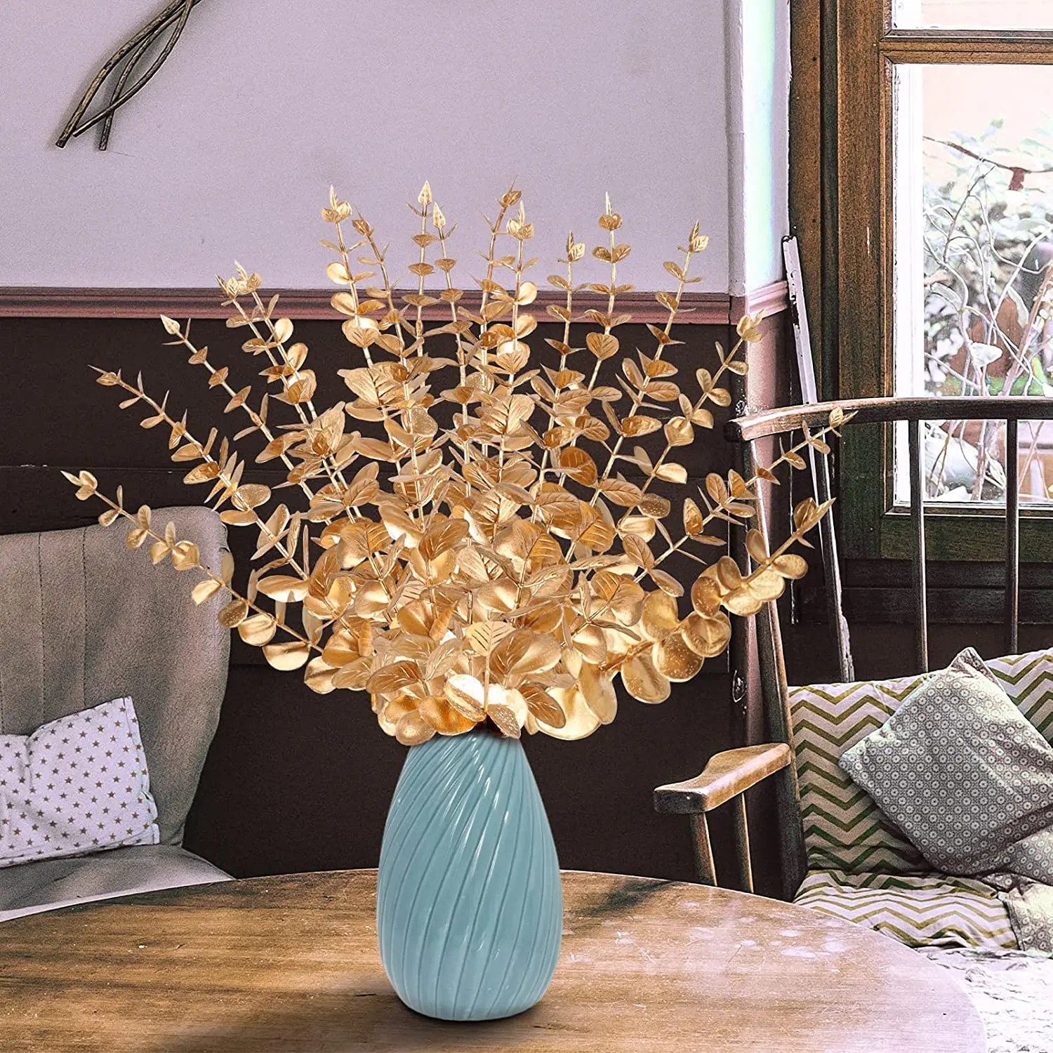 Yannew 12 Stück künstliche Eukalyptus-Stiele, silbernes Dollar-Grün, künstliche Pflanzen für Hochzeitsstrauß, Blumenarrangement, Heimdekoration – Detail 27