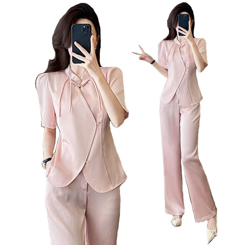 

Summer Vintage Chinese Style Bamboo Solid Color Suit 2024 Short Sleeve Blazer Coat+ High Waist Wide Legs Pant Two Piece Set