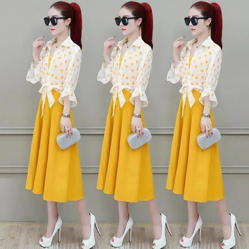 

Woman Summer Matching Set Female Dot Print Fashion Sunscreen Shirt and Strap Dress Two Piece Set Ladies Elegant Dress Suit G360