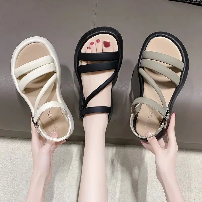 Clear Heels Beach Sandal Woman Luxury Med Muffins shoe 2024 Summer Female Shoe Buckle Strap Medium Clogs Flat New Girls Rome Swe