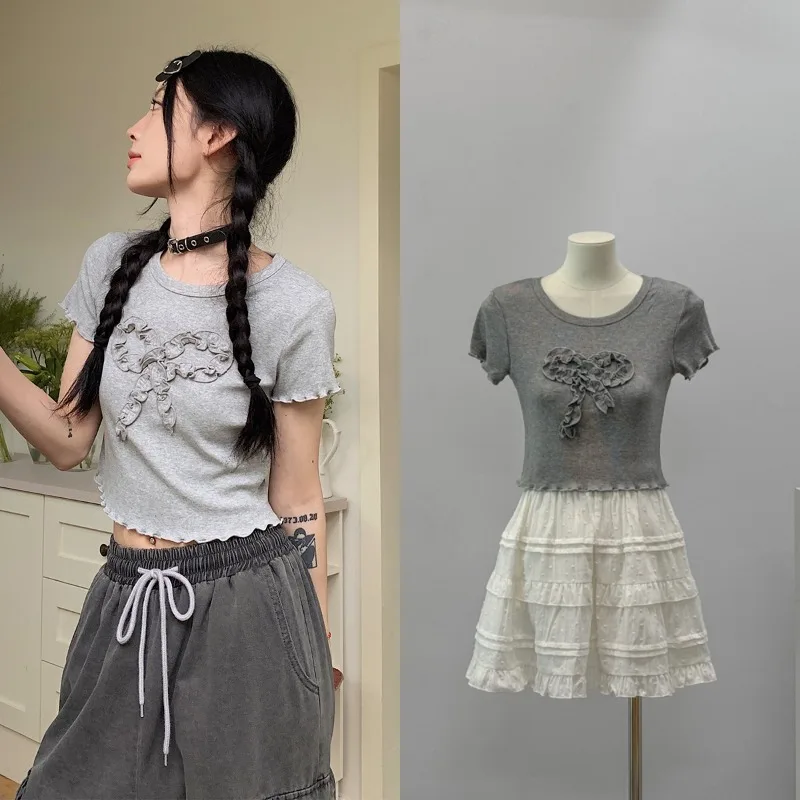 

Модная футболка с коротким рукавом для женщин Лето 2024 новый дизайн милый короткий топ с узлом бабочкой на плечах женская одежда