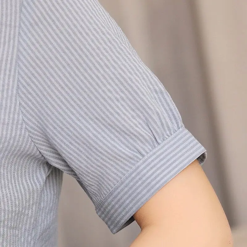 Summer Women's Button Turn-down Collar Short Sleeve Bandage Solid Color Striped Shirt Casual All-match Korean Drawstring Tops