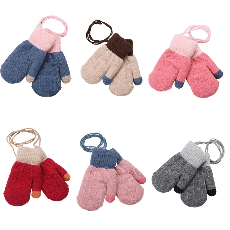 

Kids Toddlers Knitted Mittens Fleece Lined Gloves with String Fuzzy Fleece Gloves Winter Wram Gloves Full Finger DropShipping