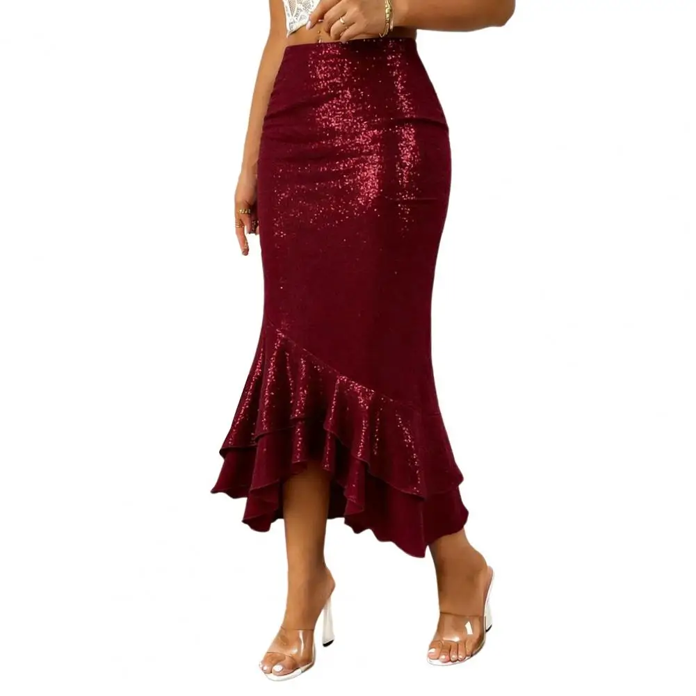 Women Long Skirt Women’s Midi Skirt Glitter Party Wear Sexy Hip-hugging Fishtail Skirt with Ruffle Hem Low-rise Pure Color