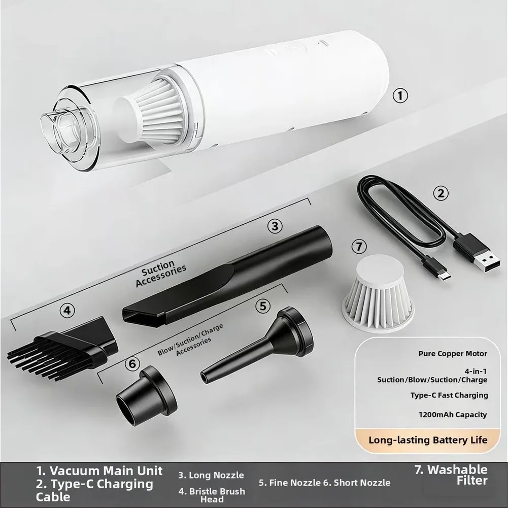 Cordless 2-in-1 Suction Cleaner for Home and Car Featuring LED Light Compact Size and Multi-Attachment Capability