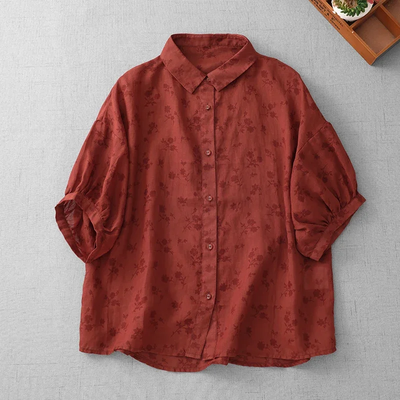 

2025 New Summer Thin Breathable Blouse Women Fashion Loose Short Sleeve Cotton Linen Womens Soft Floral Print Tops