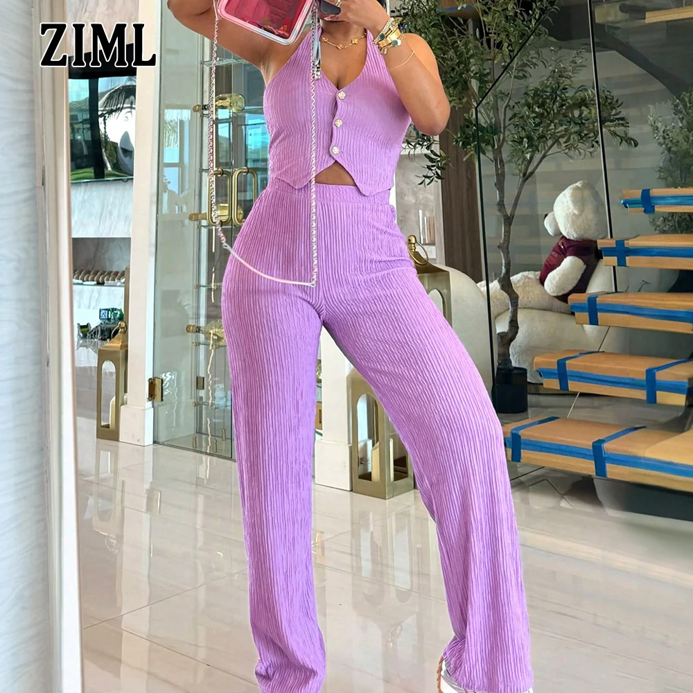 

ZIML Solid Slim Chic Two Piece Sets for Women Halter Sleeveless Spliced Button Short Tops High Waist Long Pants Chic Set Female