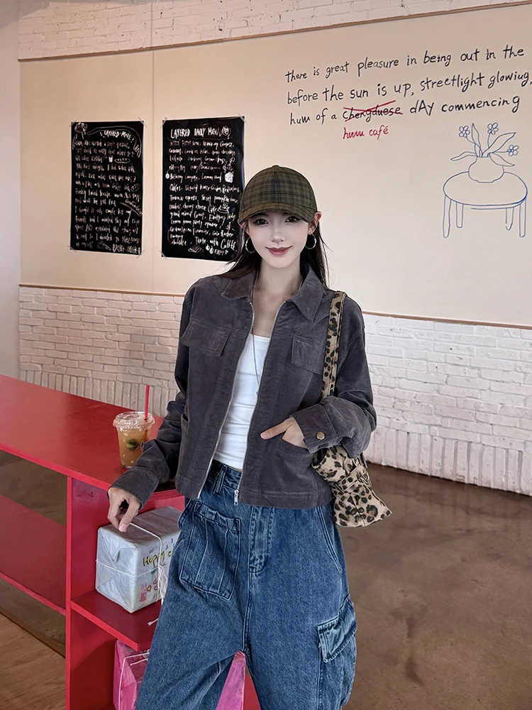 

URKR Retro American Workwear Jaet ort Thin Flip Collar Women's Outerwear Spring Autumn Versatile Lightweight Cotton Blend