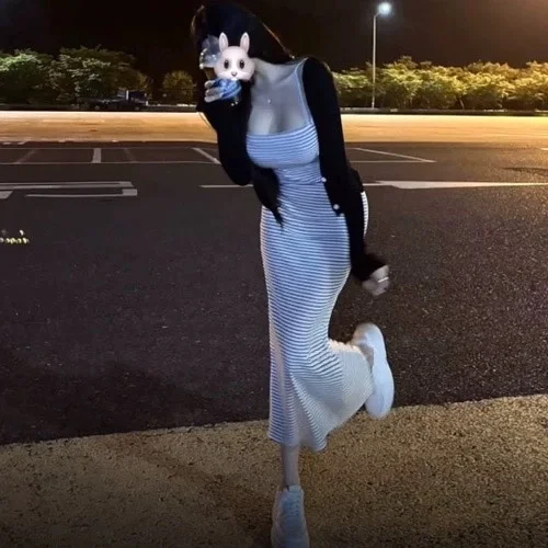 Sexy Striped Wrap Dress Women\'s Halter Gown Show Figure High Waist Long Skirt Korean Style Commute Summer Fashion Dress
