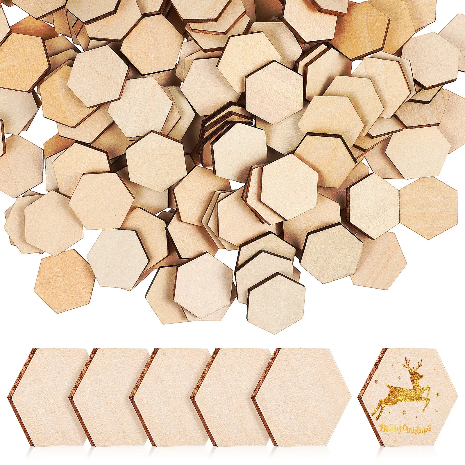 200Pcs Beech Wood Hexagon Pieces Unfinished Smooth Wooden Shapes for Crafts Home Decoration Wall Art DIY Wooden Ornaments view 2