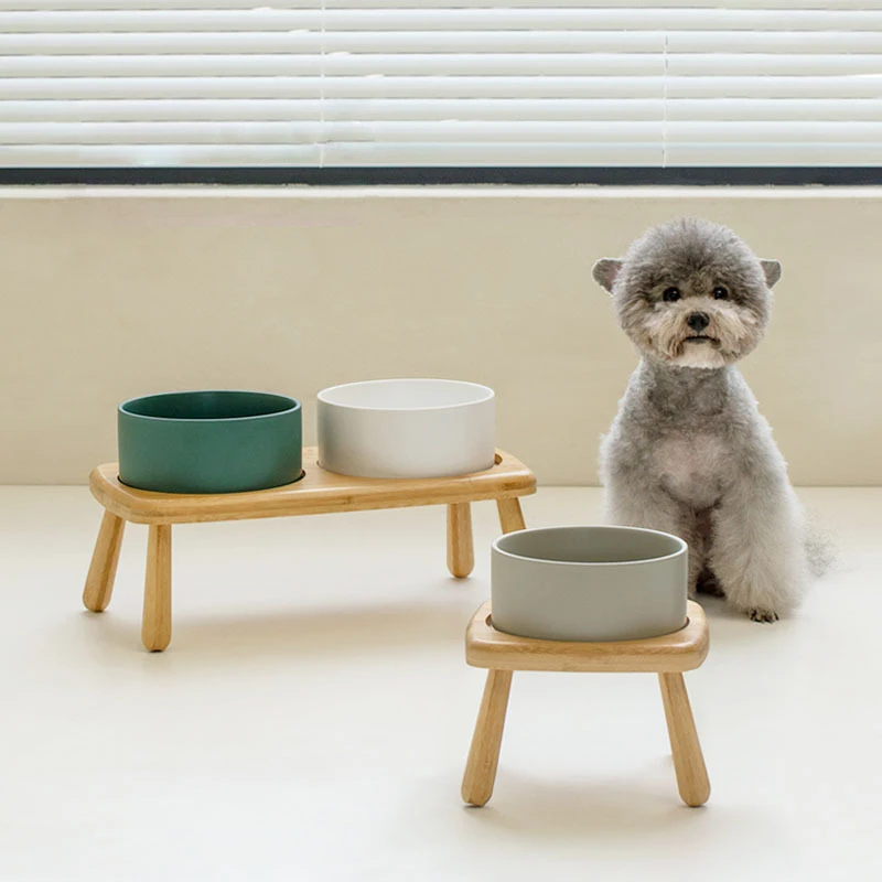 1800ML Pet Ceramic Bowl Small Medium Big Dogs Elevated Food Water Bowls with Wooden Stand Raised Feeding Dining-table