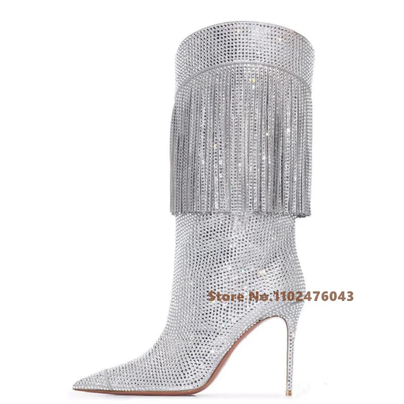 

Crystal Fringe Knee High Boot Women Pointed Toe Thin High Heel Bling Slip On Fashion Show Long Boots Rhinestone Designer Shoes