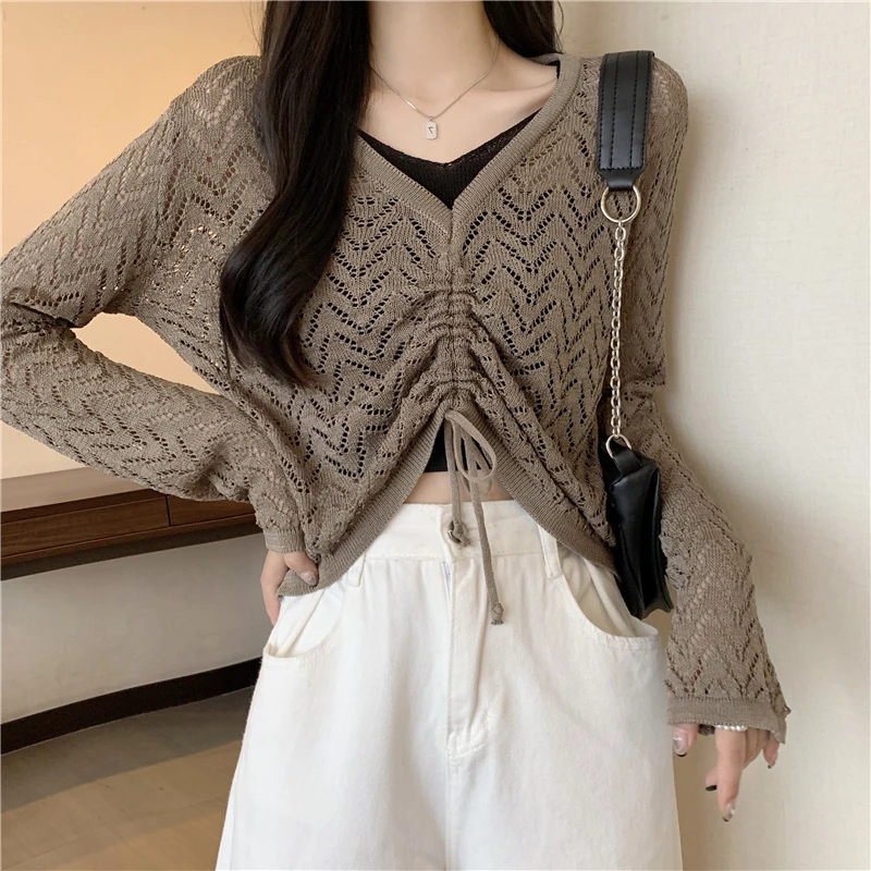 Early Autumn Sweater Pullovers Girls Hollow Out Patchwok Knitted Jumpers Women Full Sleeve V Neck Draw String Loose Tops