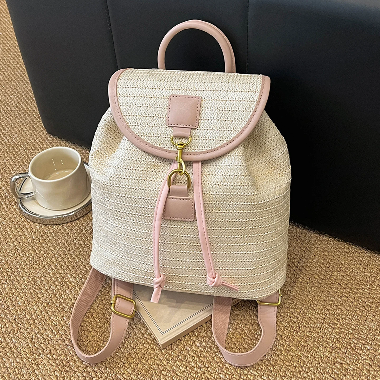 Women Striped Woven Schoolbags Lightweight & Portable Daypack Handmade Rucksack with Flap Design for Summer Vacation Travel Pool