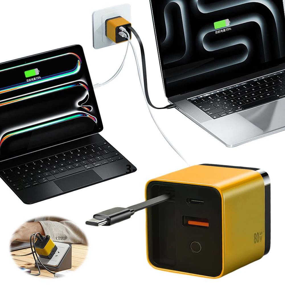 

New 3 in 1 GaN Charger Retractable 80W MAX Fast Charger Block with Type-C Cable 2USB Ports Portable Adapter Phone Charger
