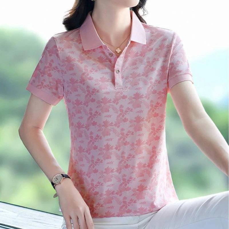 Summer Outfit Short Sleeve Women's Polo Shirts Ice Silk Lapel Button T-shirts Fashion Clothing Sales Casual Printing Female Tee