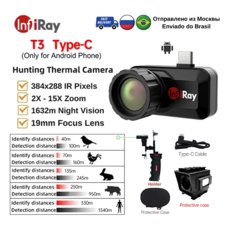 T3 InfiRay Monocular Thermal Camera Imager Imaging Night Vision Phone Android Type C Hunting with Handle Holder Laser Pointer