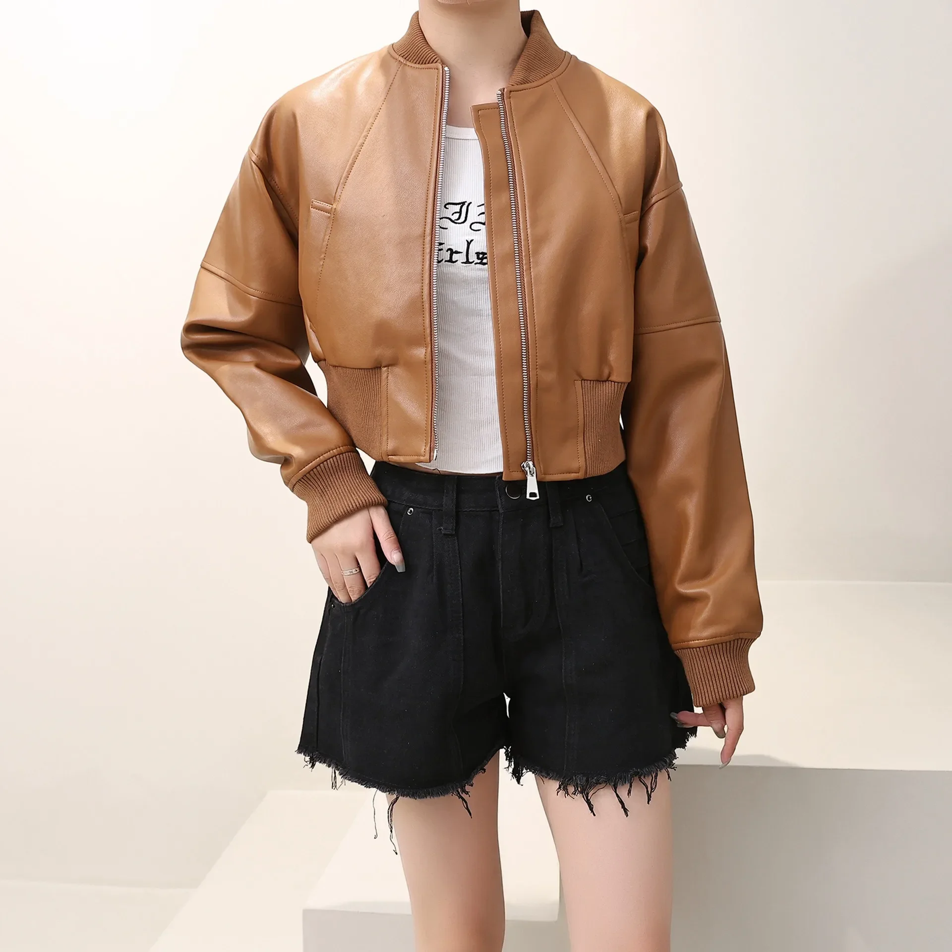 

New Fashion Bomber Jacket Women Leather Aviator Jacket Casual Moto Biker Coat Outwear Spring Autumn PU Windbreaker