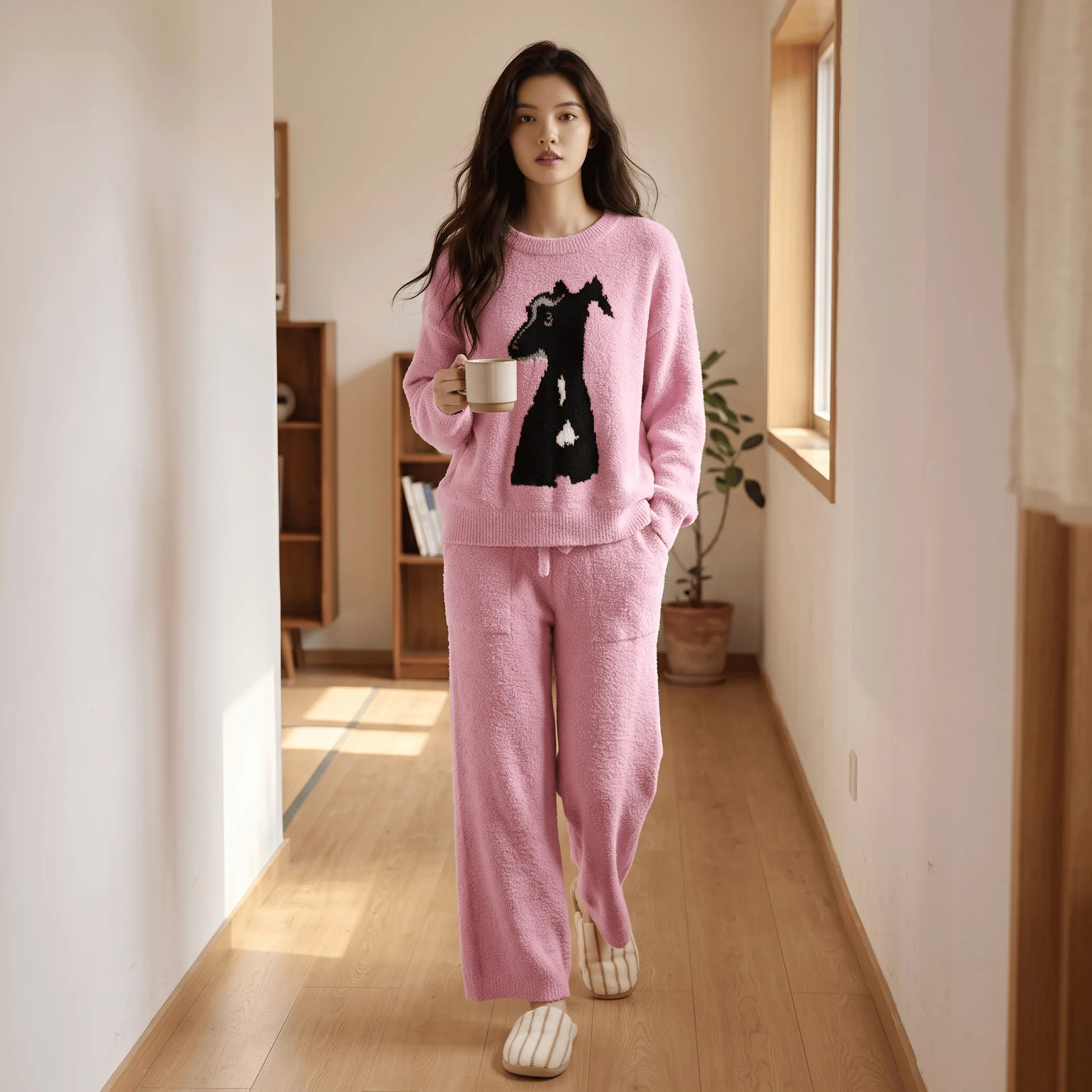Cute Women's Pajamas Set Winter Sleepwear O-neck Loose Long Sleeve Top Elastic Waist Leg Pant Sets Trousers Matching Sets