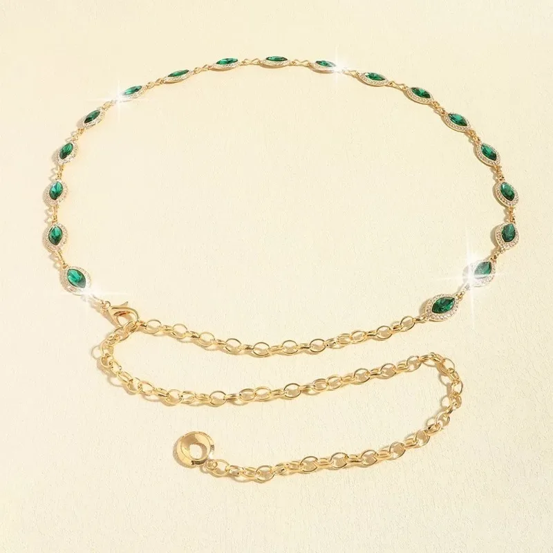 

New fashionable imitation crystal emerald inlaid with thin metal chain versatile dress belt
