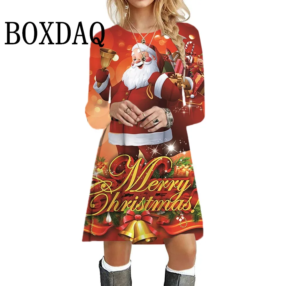 New Fashion Christmas Women Party Dresses Funny Cute Santa Claus 3D Printed Loose Casual Long Sleeve Dress Autumn Winter Clothes