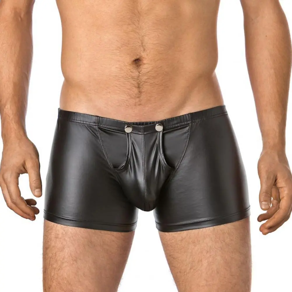 Men Solid Color Shorts Panties Low-rise Elastic Waistband Buttons Placket U-Convex Pouch Underpants Faux Leather Shorts Briefs