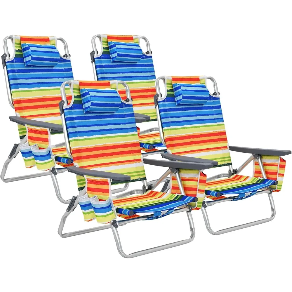 Folding Beach Chair, Patio Sling Chairs with 5 Adjustable Position, Head Pillow, Storage Bag, Towel Bar, Cup Holders,Backpack