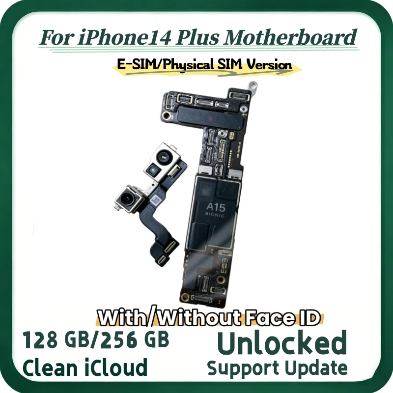 Placa Lógica Desbloqueada y Completamente Probada para iPhone 14 Plus, Placa Base con iCloud Limpio, Versión E-SIM/SIM con/sin Face ID