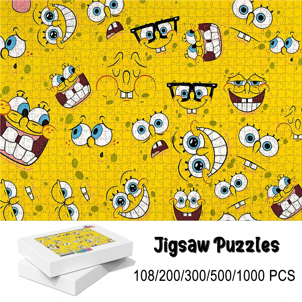 Juego de rompecabezas de suelo de madera con cara amarilla de Bob Esponja, juguete rompecabezas de 108/200/300/500/1000 piezas