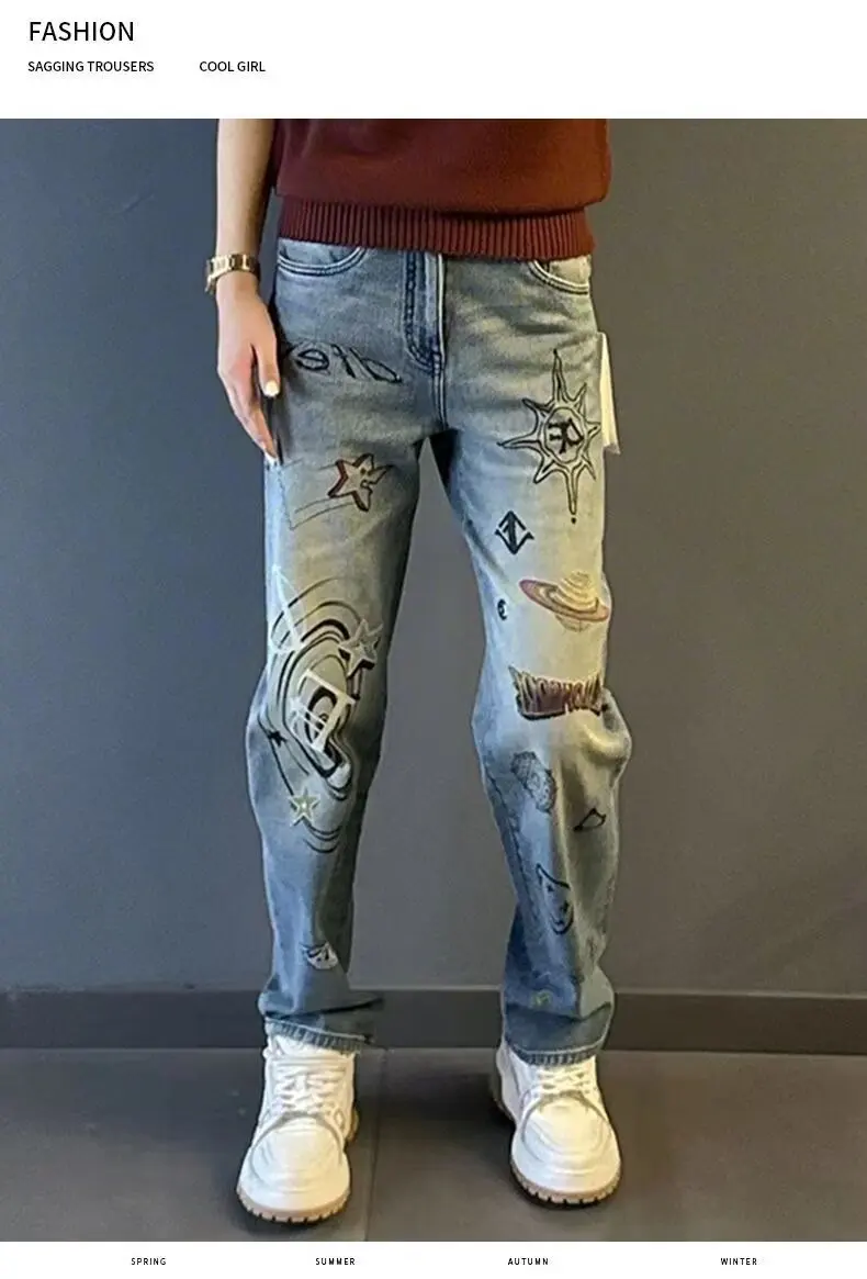 Men Blue Denim Jeans letter print Jeans Italian High Street Style Denim Pants High Quality Male Slim Fit Denim Trousers Size 38