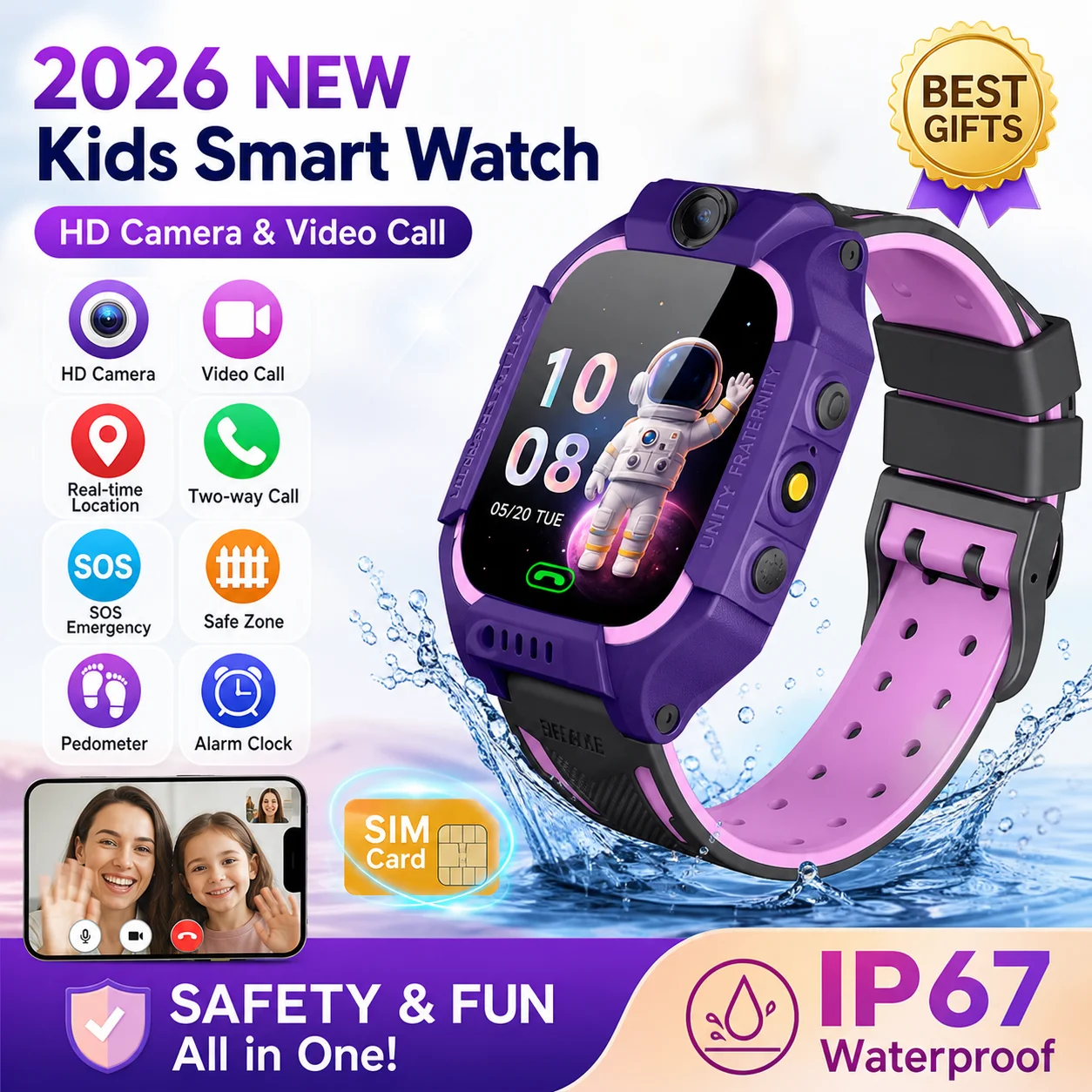 2026 NEUE Kinder-Smartwatch mit Benachrichtigungen, Schrittzähler, SIM-Karte, Anruffunktion, IP67 wasserdicht, GPS-Tracking, Smartwatch für Jungen und Mädchen als Geschenk