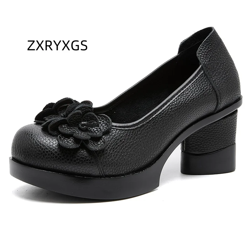 ZXRYXGS Top Layer Cowhide Flowers Fashionable Pumps Women Shoes 2025 Retro Style High End Temperament Elegant Ladies High Heels