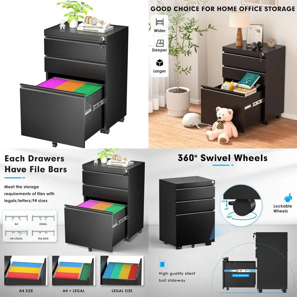 

Wheeled 3-Drawer Metal File Cabinet for Home Office, Letter/Legal/A4 Files, Black