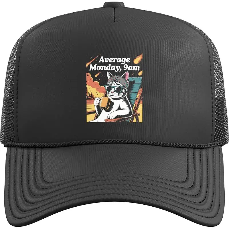 Cat Meme Average Monday 9AM Funny Sarcastic Back to Work Trucker Hat with Adjustable Mesh Back