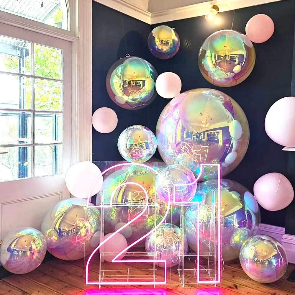 10Pcs Iridescent 4D Round Balloons 22Inch Helium Clear Holographic Round Balloons for Birthday Baby Shower Wedding Decor Favor