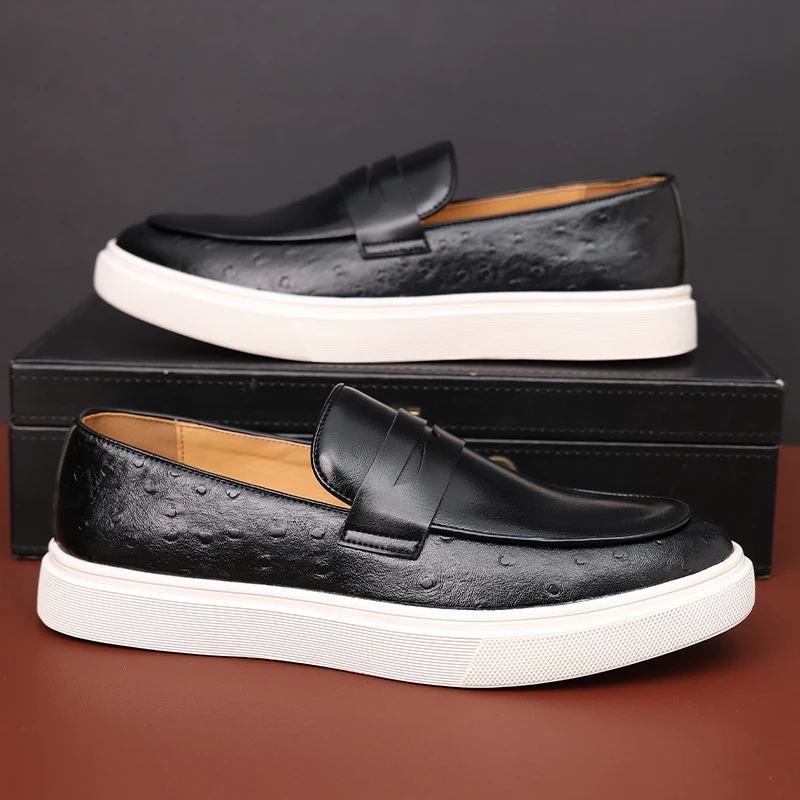 New Black Men\'s Vulcanize Shoes Brown Slip-On Sneakers Handmade Men Shoes  Size 38-46