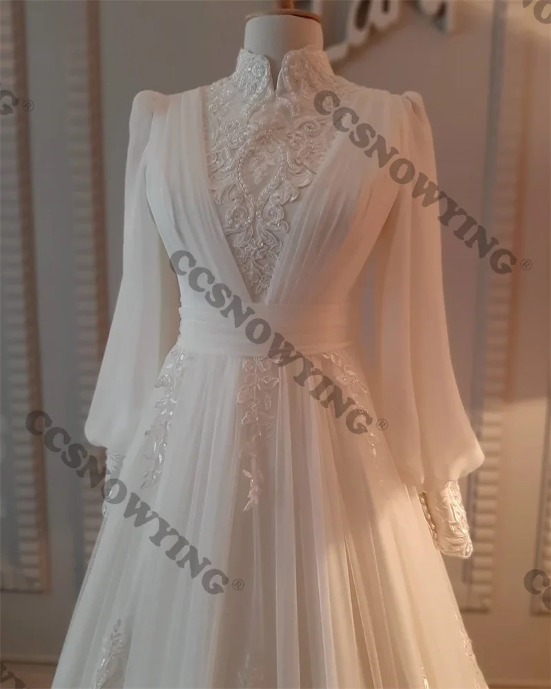 Elegante tule apliques de manga longa vestidos de casamento a linha alta pescoço vestido de noiva das mulheres pérolas árabe dubai vestidos de novia