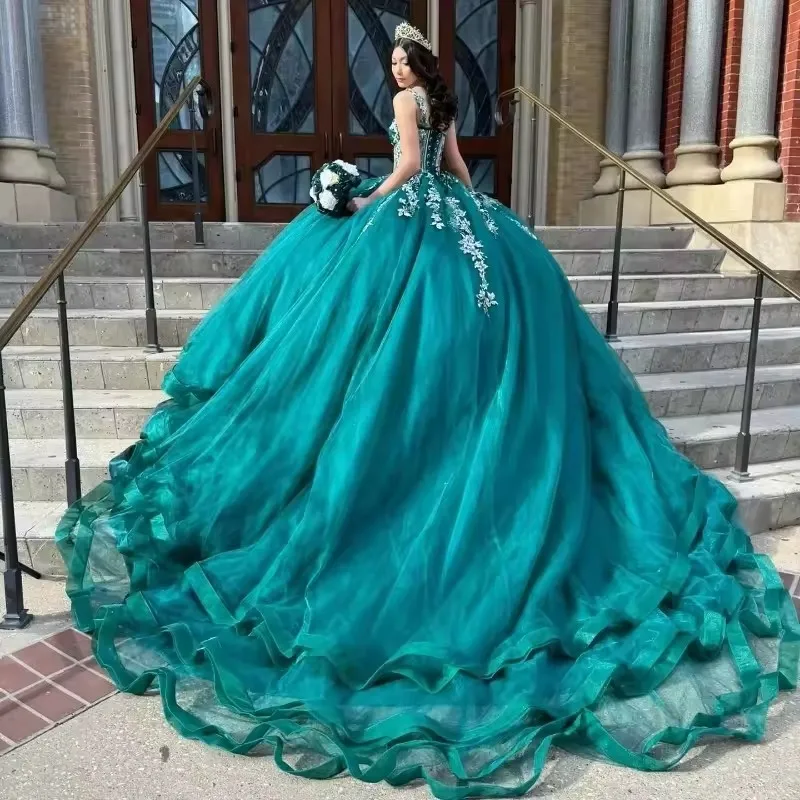 Personalizado brilhante esmerilho verde vestido de baile quinceanera vestido de renda appliqued feminino pageant vestido iiiusion vestidos de convidados de casamento