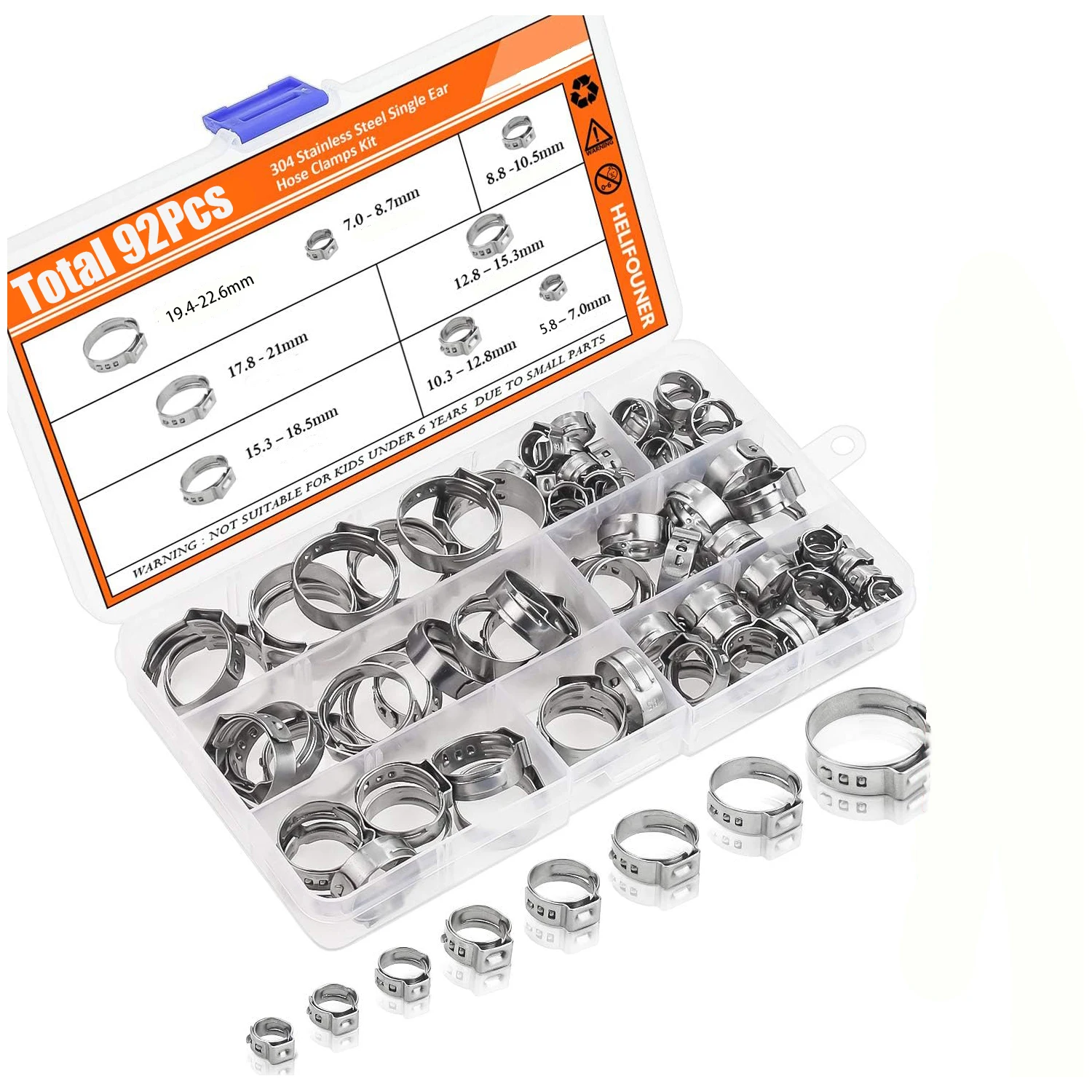 92pcs Hose Clamps 5.8-22.6mm Single Ear Stepless 304 Stainless Steel Hose Clamps Cinch Clamp Rings for Sealing Kinds