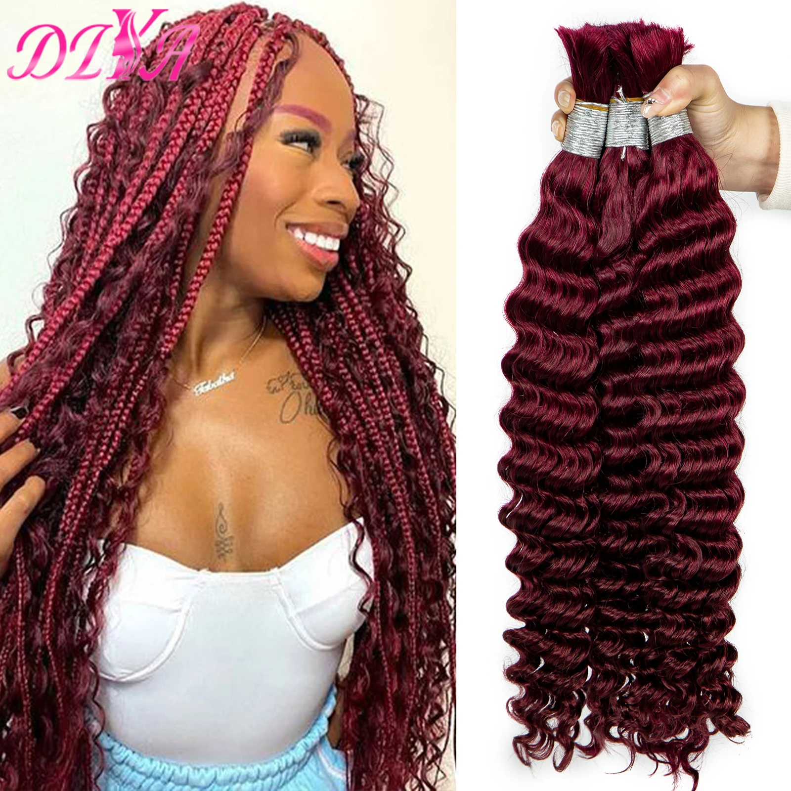 

99J Burgundy 20 26 28 Inches Human Hair Bundles for Braiding Deep Wave Virgin Hair Extension Braids No weft Hair Bulk Extensions