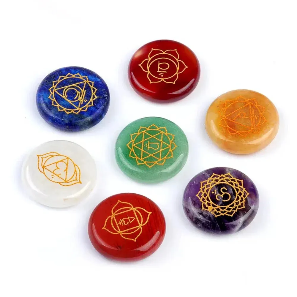 7 teile/paket 0,984 zoll Runde Form 7 Chakra Naturstein Ornament Amethyst Quarz Energie Gravierte Symbole Reiki Wahrsagerei Heilung – Detail 6