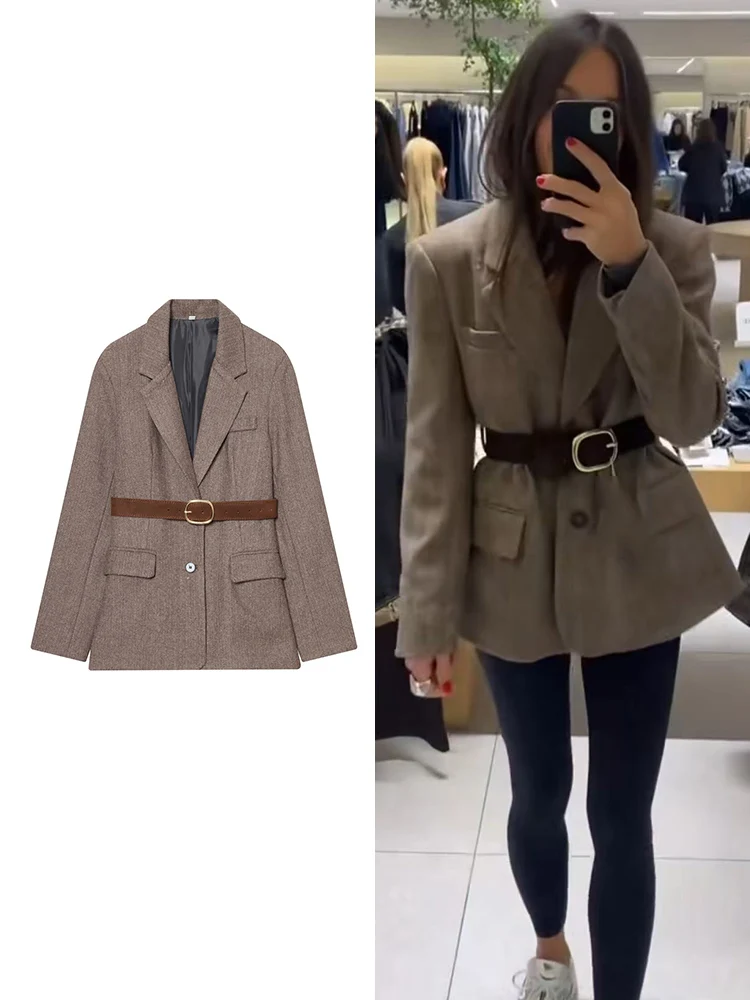 

Women's Vintage Jacket Autumn And Winter New Temperament Top Female Blazer Fashion Turn Down Collar Pocket Belt Suit Coats