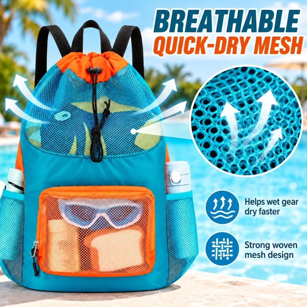 Breathable Mesh Swim Backpack Drawstring Closure Quick Dry Mesh Beach Pack Side Bottle Pockets Large Capacity