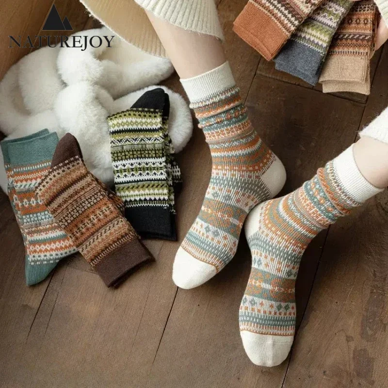 7Style Socks Colorful Ethnic Retro Stocking Women Maillard Wear Birkenstocks Warm Thick Soft Cotton Long Socks Knit Japanese New